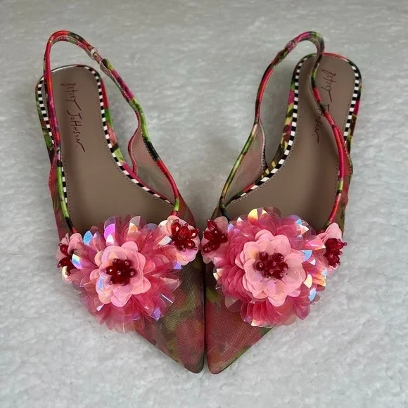 Betsey Johnson Audree Floral Slingback Kitten Heels Sequin Pointed Toe Women's 7 - Picture 2 of 9